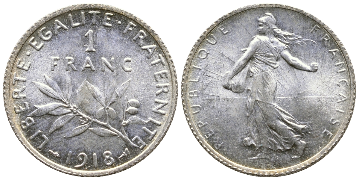 Франция 1 франк 1918 сеятель KM 844.1, Le Franc 217.24 серебро UNC 259-734