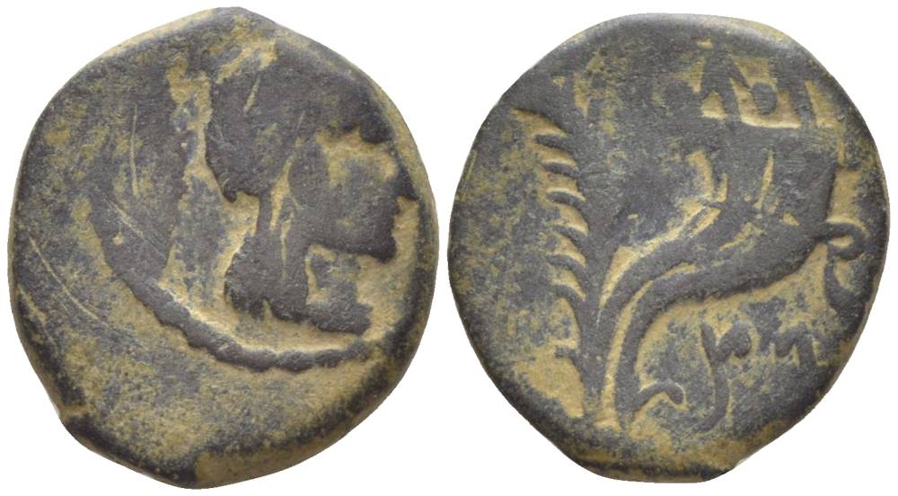 Набатея AE 9 г. до н.э. - 40 г. Арета IV, бюст Ареты IV / пальмовая ветвь, два рога изобилия, Петра Meshorer 61B медь 1073-21-105