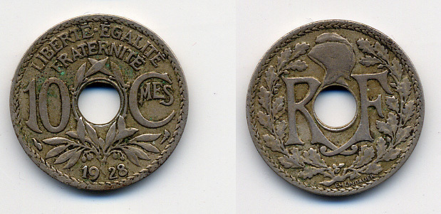 ФРАНЦИЯ 10 САНТИМОВ 1928 ТИП ЛИНДАЙЁ KM 866а медно-никель 4388-933
