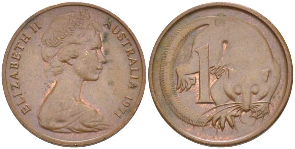 АВСТРАЛИЯ 1 ЦЕНТ 1971 ЕЛИЗАВЕТА II, МОЛОДОЙ ПОРТРЕТ, ОПОССУМ KM 62 бронза 99-831