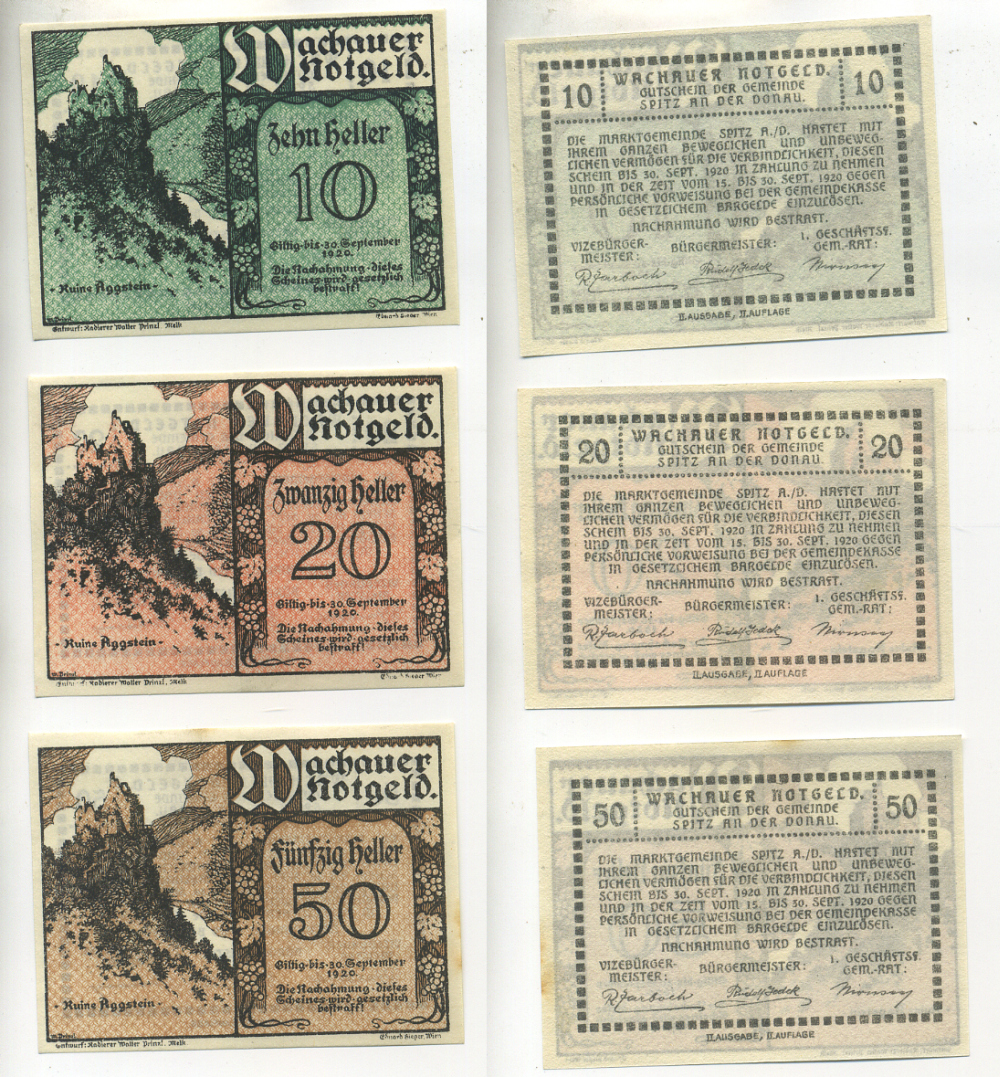 АВСТРИЯ, ВАЧАУ НАБОР ИЗ 3 БАНКНОТ 1920 30 СЕНТЯБРЯ 1920, НОТГЕЛЬД, 10, 20, 50 ГЕЛЛЕРОВ, SPITZ A/D DONAU, ВТОРОЙ ВЫПУСК, ЗАМОК KUINE AGGSTEIN бумага aUNC 70-21-4