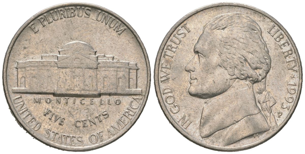 США 5 центов 1993 P KM A192 медно-никель 4580-758