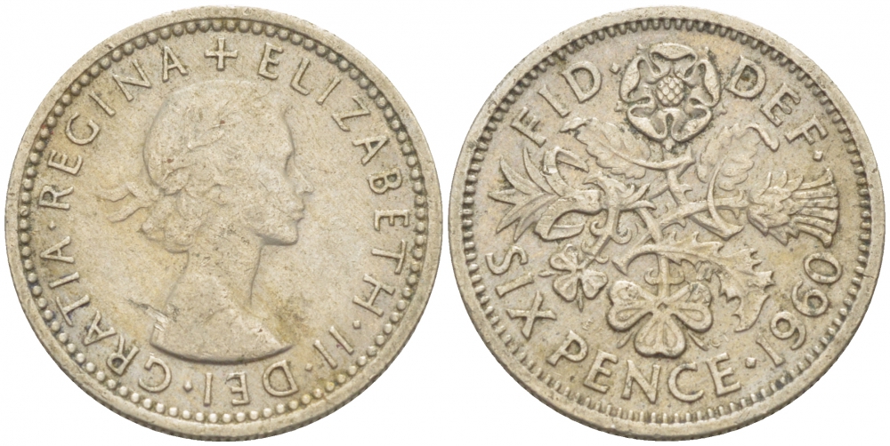 Великобритания 6 пенсов 1960 Елизавета II (1952-2022) KM 903, Spink 4149 медно-никель 214-1066