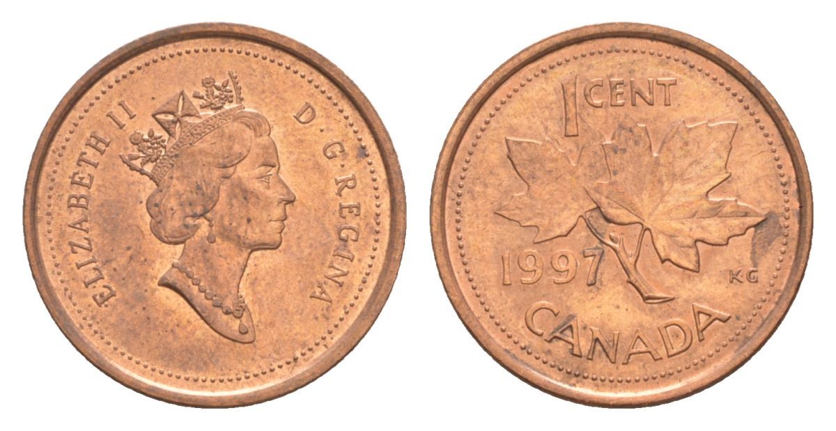Канада 1 цент 1997 Елизавета II (1952-2022), кленовый лист KM 289 цинк плакированный медью 4630-617