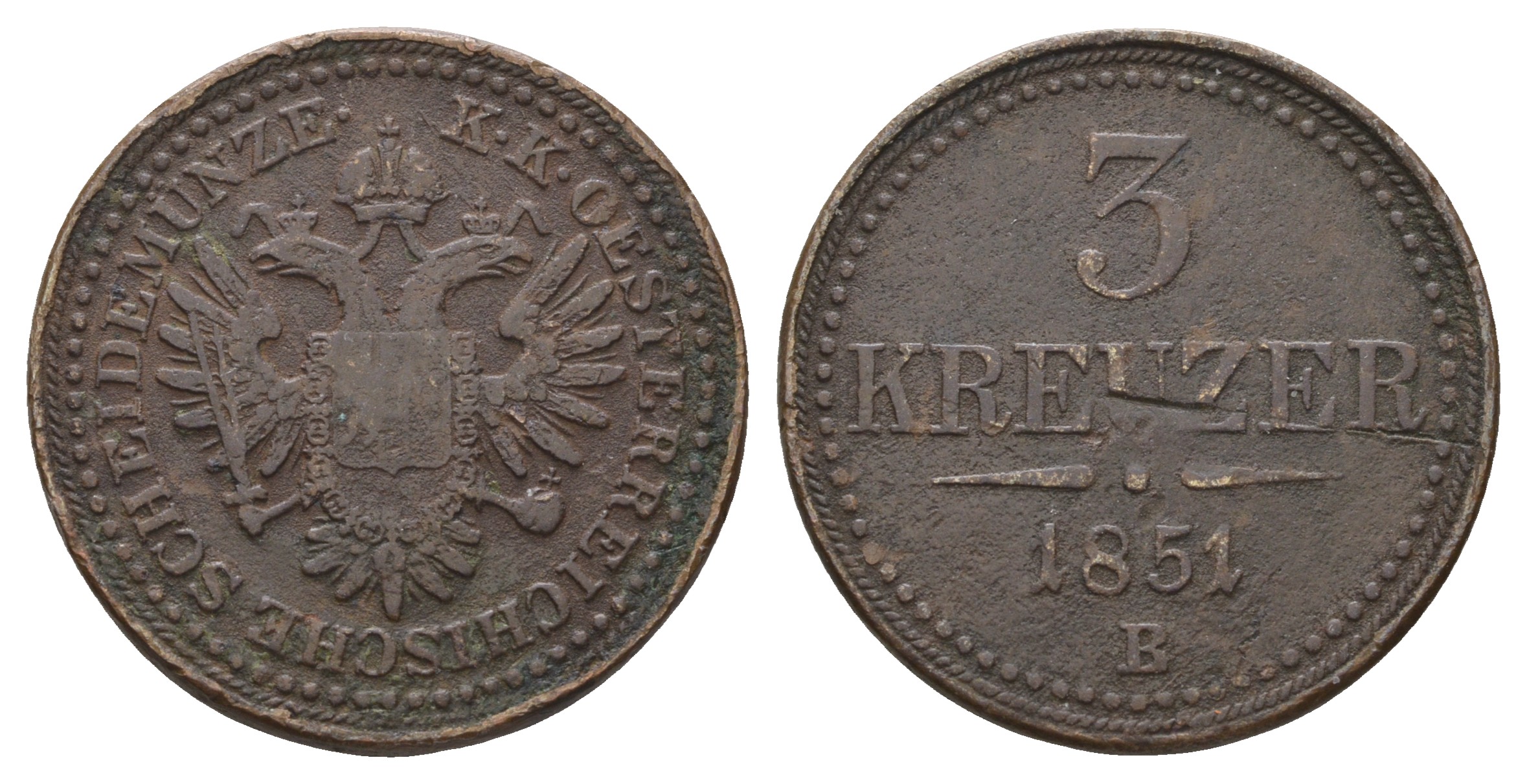 Австрия 3 крейцера 1851 B, Франц Иосиф I (1848-1916) KM 2193 медь    4112-646