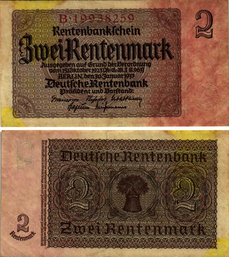 ГЕРМАНИЯ 2 РЕНТЕНМАРКИ 1937 30 ЯНВАРЯ 1937, ВЕЙМАРСКАЯ РЕСПУБЛИКА, ВОСЕМЬ ЦИФР В НОМЕРЕ СЕРИИ, СЕРИЯ B Pick 174b, Rosenberg 167b бумага 6299-49-2-1