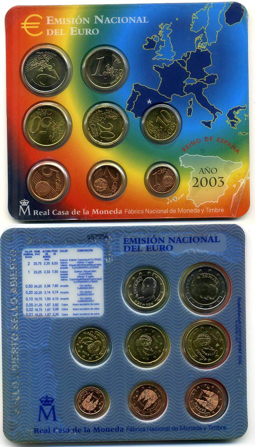 Испания евронабор из 8 монет 2003 1, 2, 5, 10, 20, 50 евроцентов, 1, 2 евро, запайка в блистере KM 1040, 1041, 1042, 1043, 1044, 1045, 1046, 1047 UNC 06-081-31