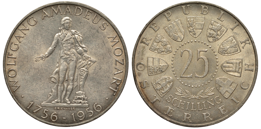 Австрия 25 шиллингов 1956 200 лет со дня рождения Моцарта KM 2881 серебро aUNC 1520-211