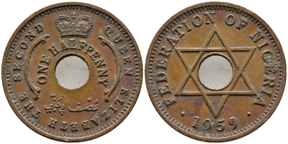 Нигерия 1/2 пенни 1959 Елизавета II (1952-), Британский протекторат KM 1 бронза 4387-444