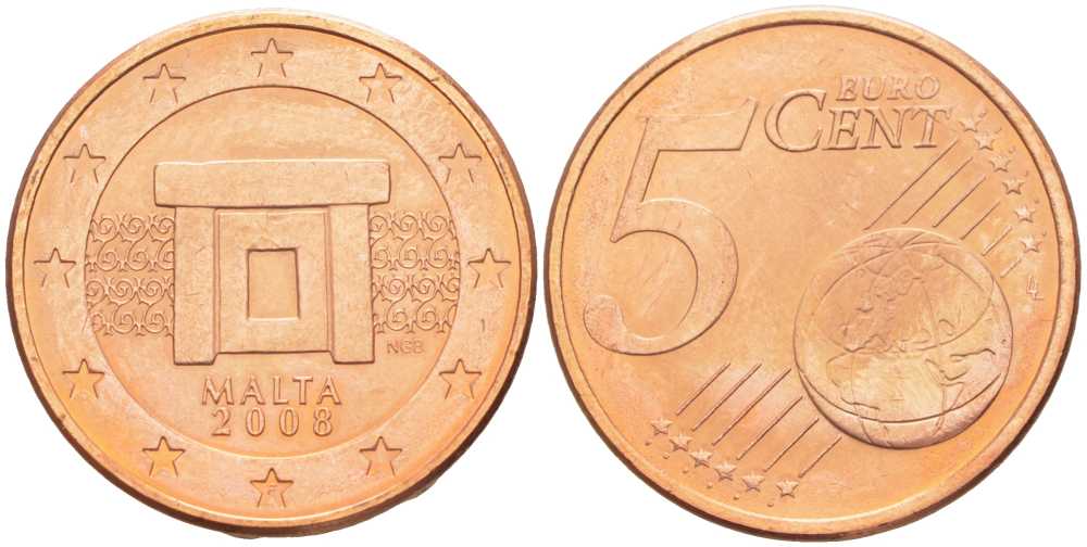 Мальта 5 евроцентов 2008 KM 127 сталь плакированная медью UNC 63-343