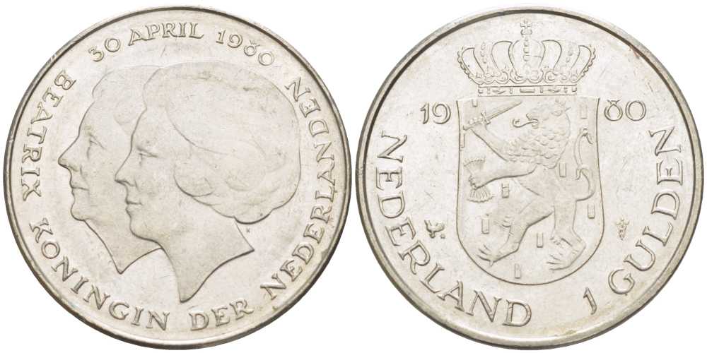 Нидерланды 1 гульден 1980 на коронацию Беатрикс, 30 апреля 1980 KM 200 никель 213-1252