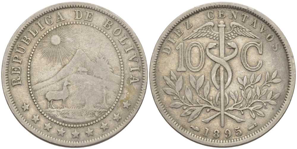 БОЛИВИЯ 10 СЕНТАВО 1895 CORNUCOPIA AND TORCH FLANK DATE KM 174.2 медно-никель 633-122