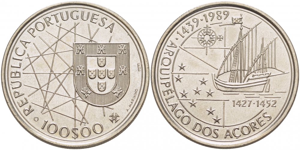 Португалия 100 эскудо 1989 серия золотой век португальских открытий, 550 лет открытия Азорских островов KM 648 медно-никель UNC 118-634