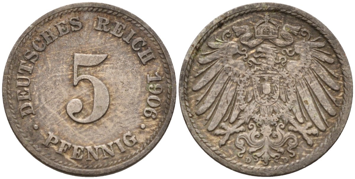 Германия 5 пфеннигов 1906 D KM 11, J. 12 медно-никель 4151-451