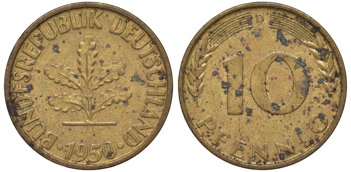ФРГ 10 пфеннигов 1950 D KM 108, J. 383 сталь плакированная латунью 4132-524
