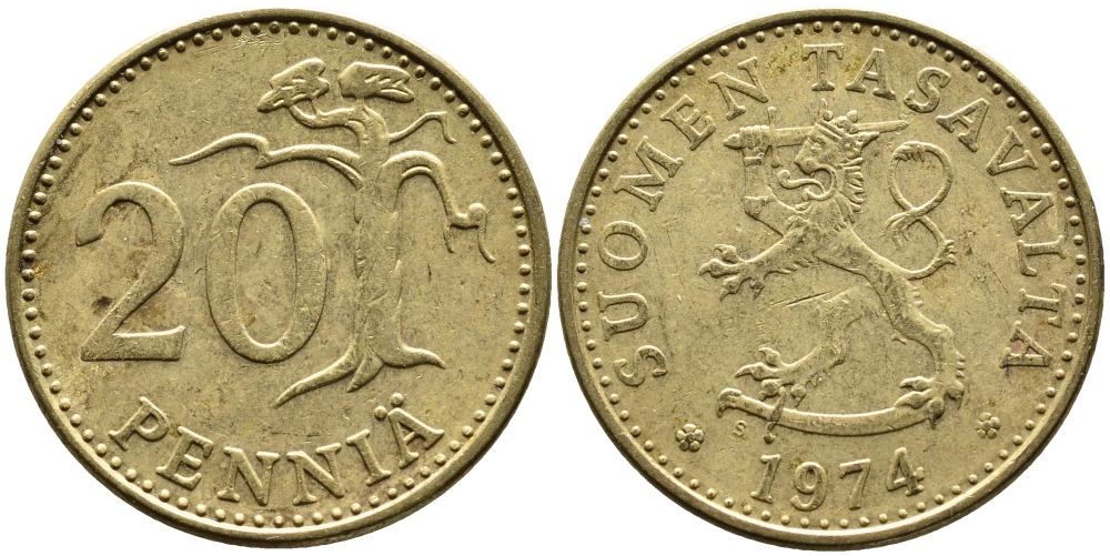 Финляндия 20 пенни 1974 S KM 47 KM 47 алюминиевая бронза 4385-1022