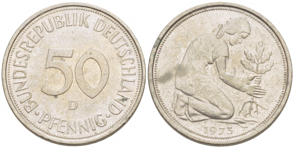 ФРГ 50 ПФЕННИГОВ 1973 D KM 109.2 J 384a медно-никель 3996-1264