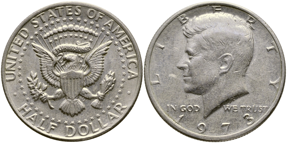 США 1/2 доллара (50 центов) 1973 Джон Кеннеди KM 202b медь плакированная медно-никелем 413-4345