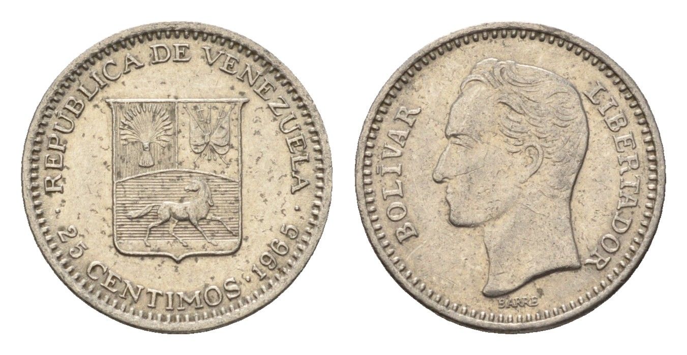 Венесуэла 25 сентимо 1965 Симон Боливар, год-тип Y 40 никель 4643-825