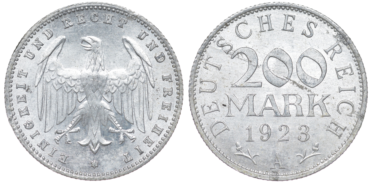 Германия 200 марок 1923 A KM 35, J. 304, Weege 22 алюминий 4604-547