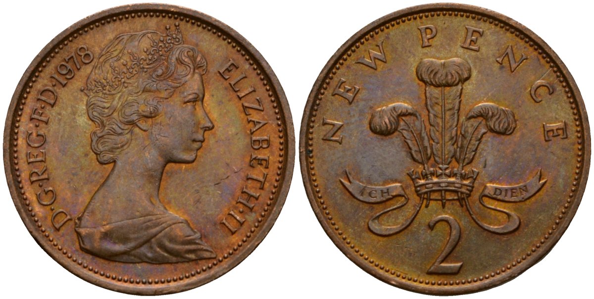 Великобритания 2 пенса 1978 Елизавета II (1952-2022) KM 916, Spink 4235 (C1) бронза 4601-436