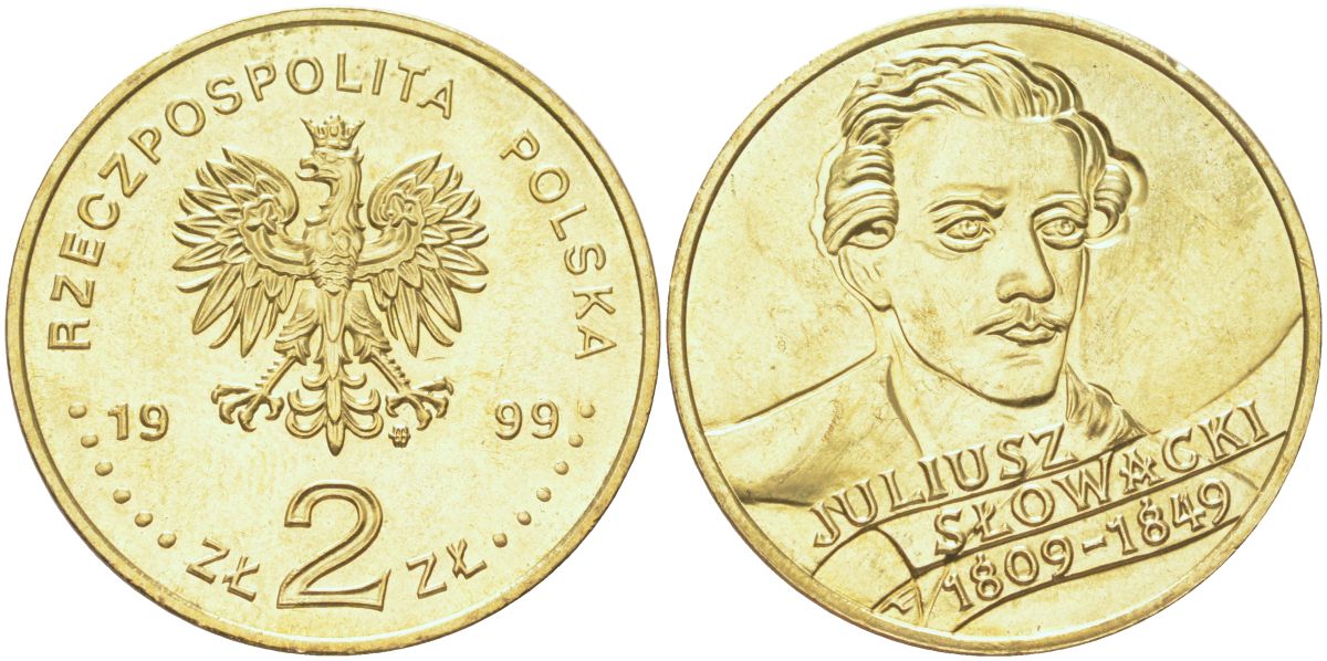 Польша 2 злотых 1999 150 лет со дня смерти Юлиуша Словацкого Y 356 латунь UNC 4122-1141