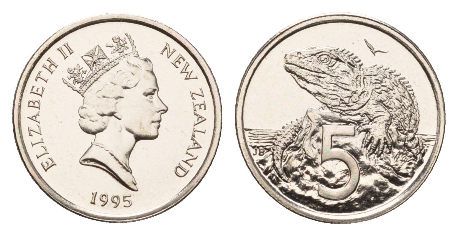 Новая Зеландия 5 центов 1995 Елизавета II (1952-2022), ящерица гаттерия KM 60 медно-никель BU 220-1021