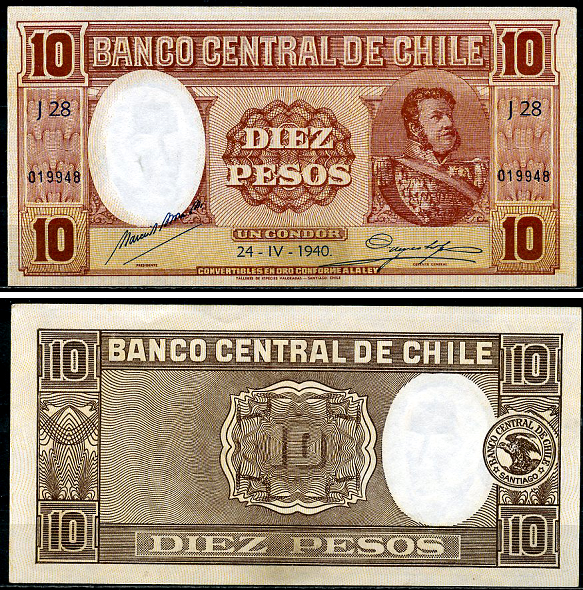 Чили 10 песо 1940 Мануэль Булнес Pick 92 d  бумага  UNC (пресс) 451-1185-1