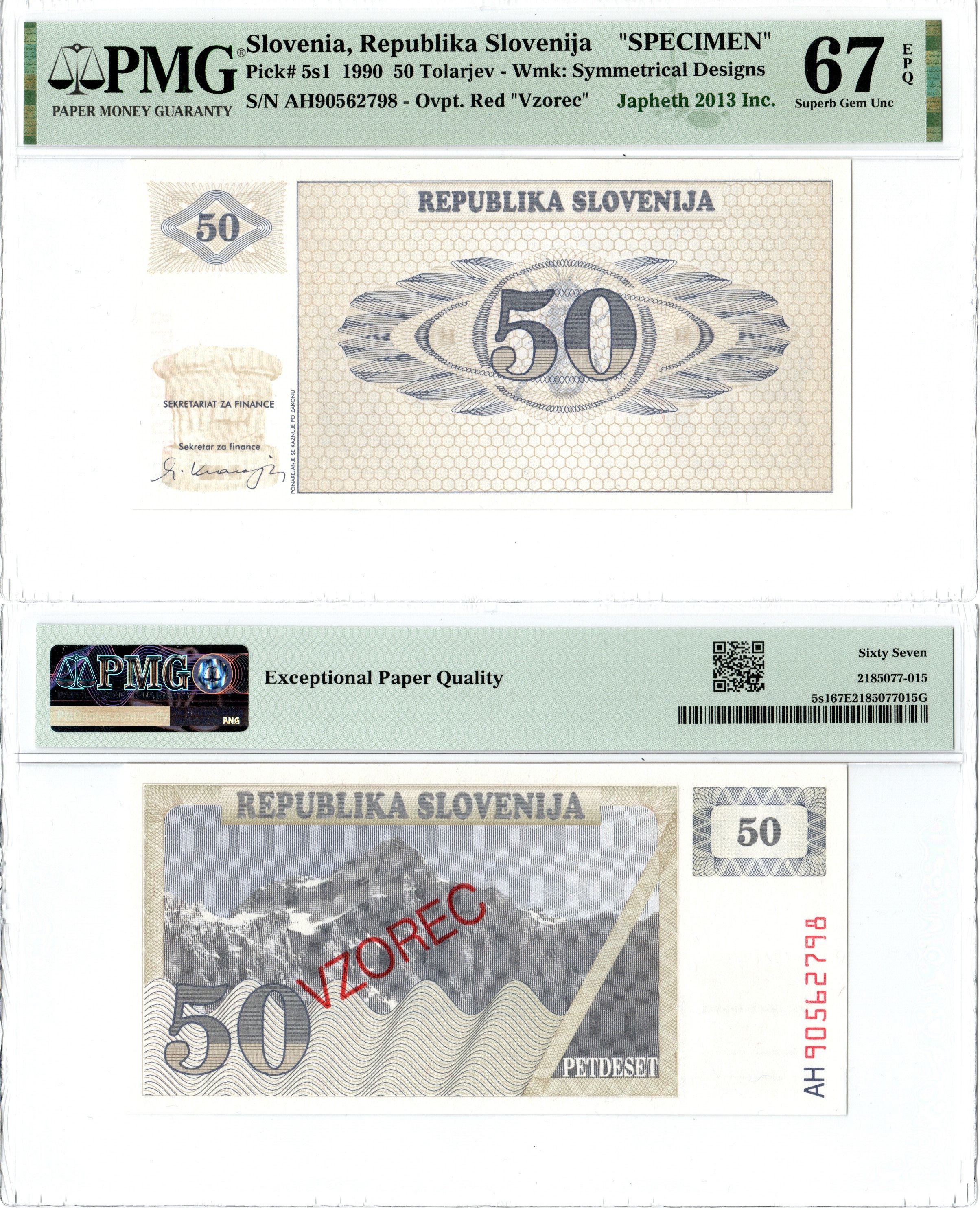 Словения набор из 7 банкнот (образец / SPECIMEN) (1, 5, 10, 50, 100, 500 и 1000 толаров) 1990-1992 в слабах PMG (66, 67 и 68) Pick 1s1, 3s1, 4s1, 5s1, 6s1, 8s1, 9s1 бумага UNC (пресс) 452-2-118