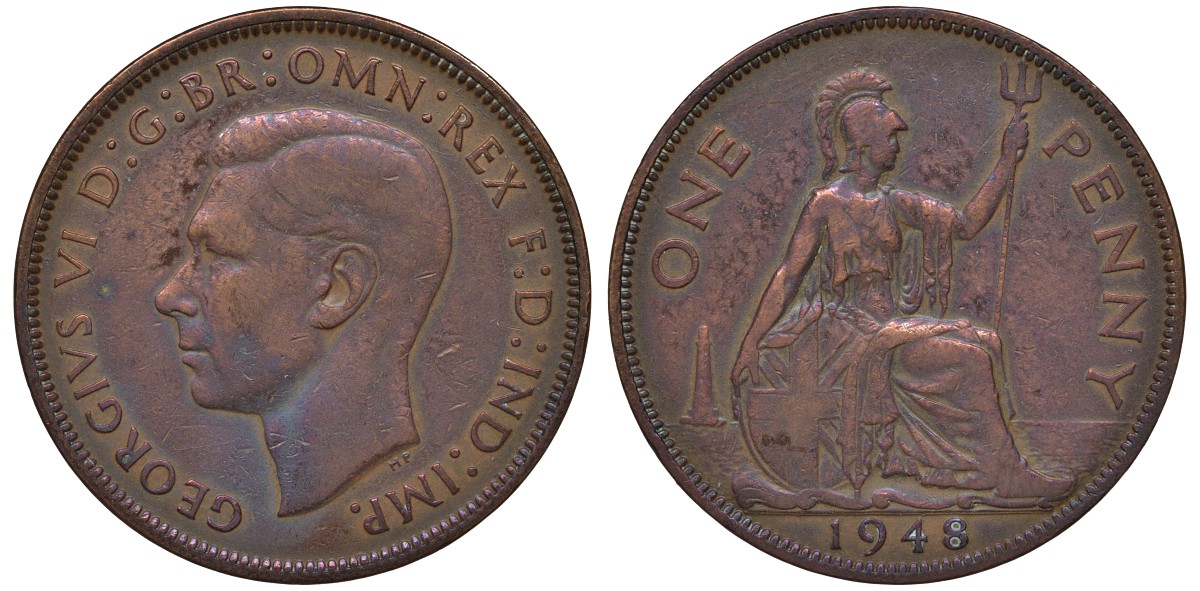 Великобритания 1 пенни 1948 Георг VI (1936-1952) KM 845, Spink 4114 бронза 4131-443
