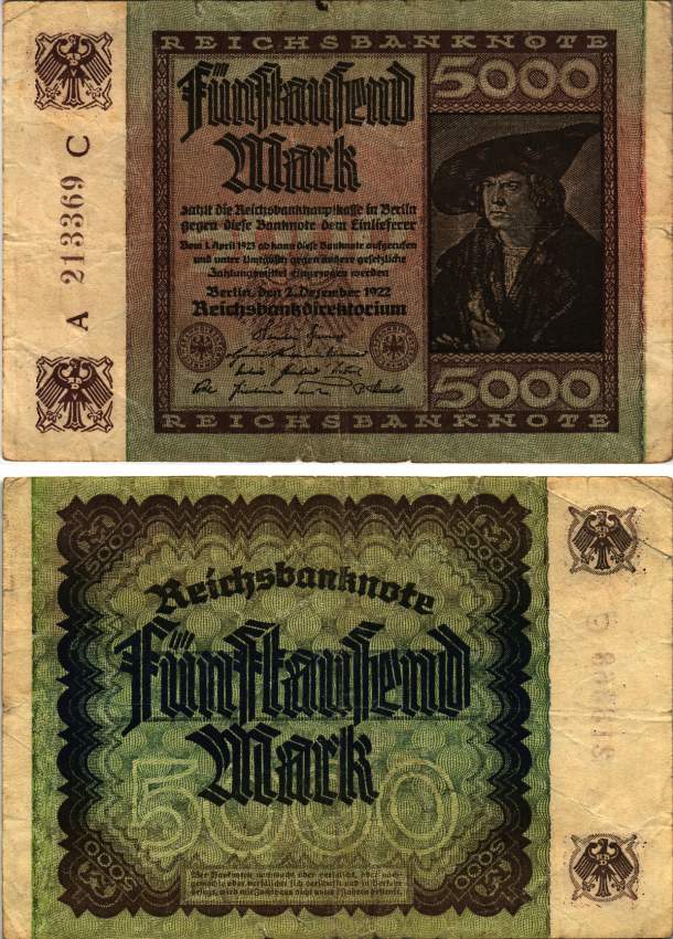 ГЕРМАНИЯ 5000 МАРОК 1922 2 ДЕКАБРЯ 1922, ВОДЯНОЙ ЗНАК Е, G/D В ЗВЁЗДАХ, ШЕСТИЗНАЧНЫЙ НОМЕР, СЕРИЯ А Pick 81а, Розенберг 80a бумага 8615-73-2-2