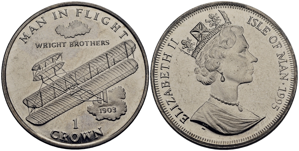 Остров Мэн 1 крона 1995 человек в полете, самолет братьев Райт КМ 437 медно-никель UNC M91-05