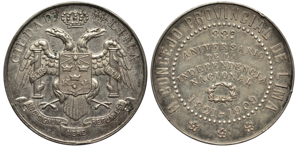 Перу медаль 1909 88 лет независимости, 30 мм, 12,3 гр. серебро 3896-325