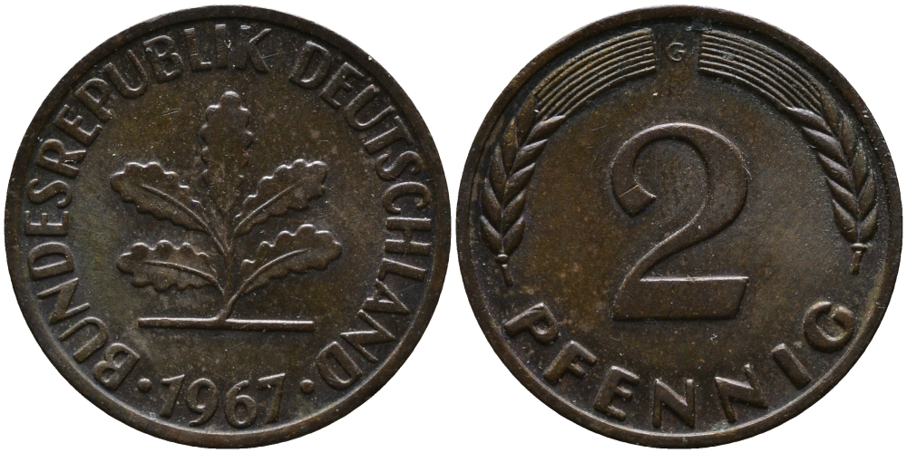 ФРГ 2 пфеннига 1967 G KM 106, J. 381 бронза 99-151