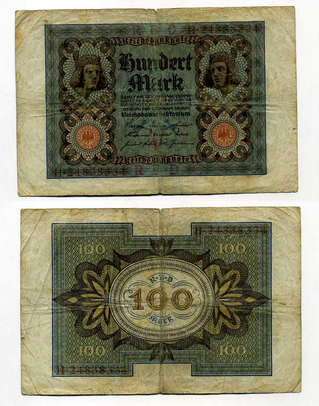 Германия 100 марок 1920 Бамбергский всадник, 8 цифр в номере Pick 69 b, Розенберг 69b бумага 8619-37-1-2