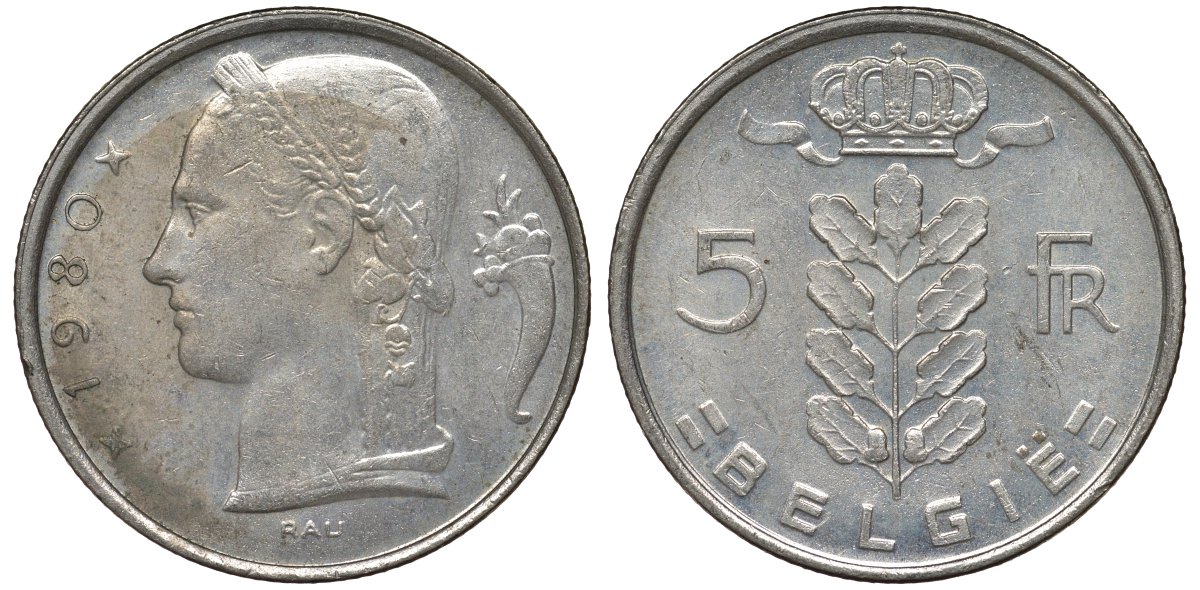 Бельгия 5 франков 1980 Belgie KM 135 медно-никель 4128-931