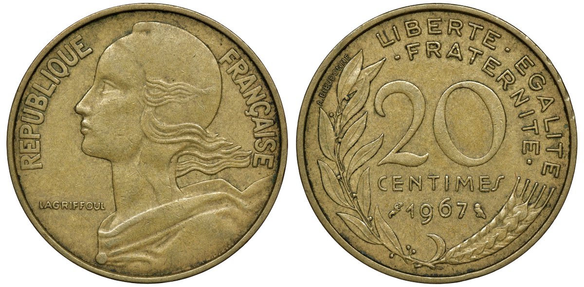 ФРАНЦИЯ 20 САНТИМОВ 1967 KM 930 медь алюминий никель 72-633