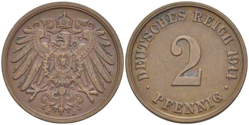 ГЕРМАНИЯ 2 ПФЕННИГА 1914 J KM 16, J. 11, Weege 4 медь 206-646