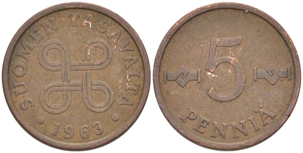 ФИНЛЯНДИЯ 5 ПЕННИ 1963 KM 45 медь 218-1267