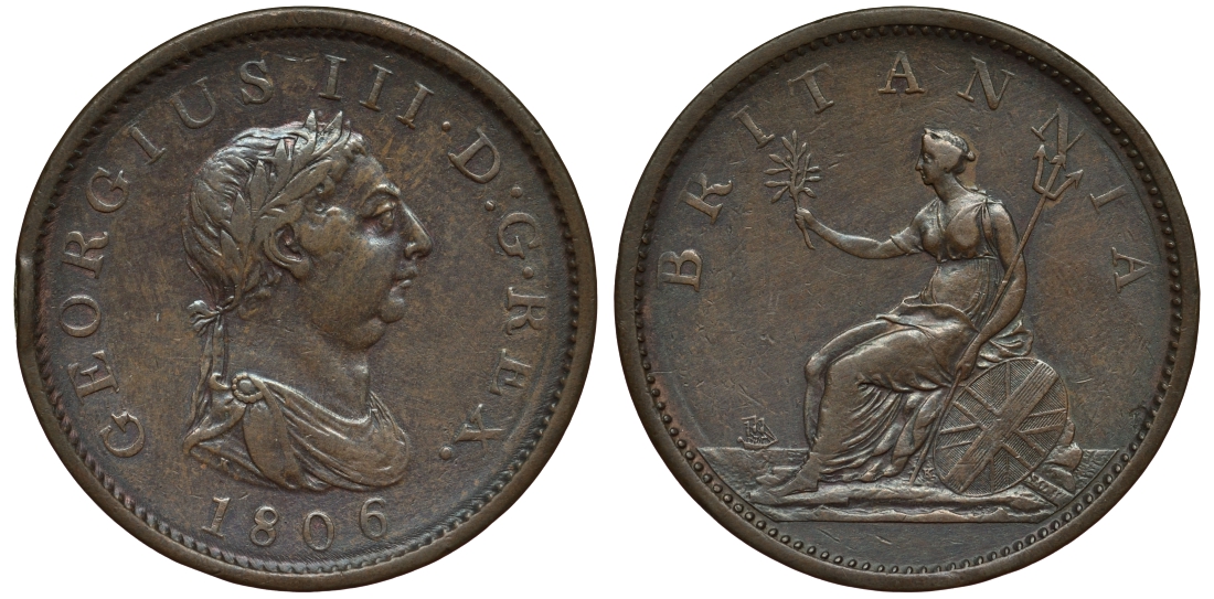 Великобритания 1 пенни 1806 Георг III (1760-1820) KM 663, Spink 3780 медь 1524-322