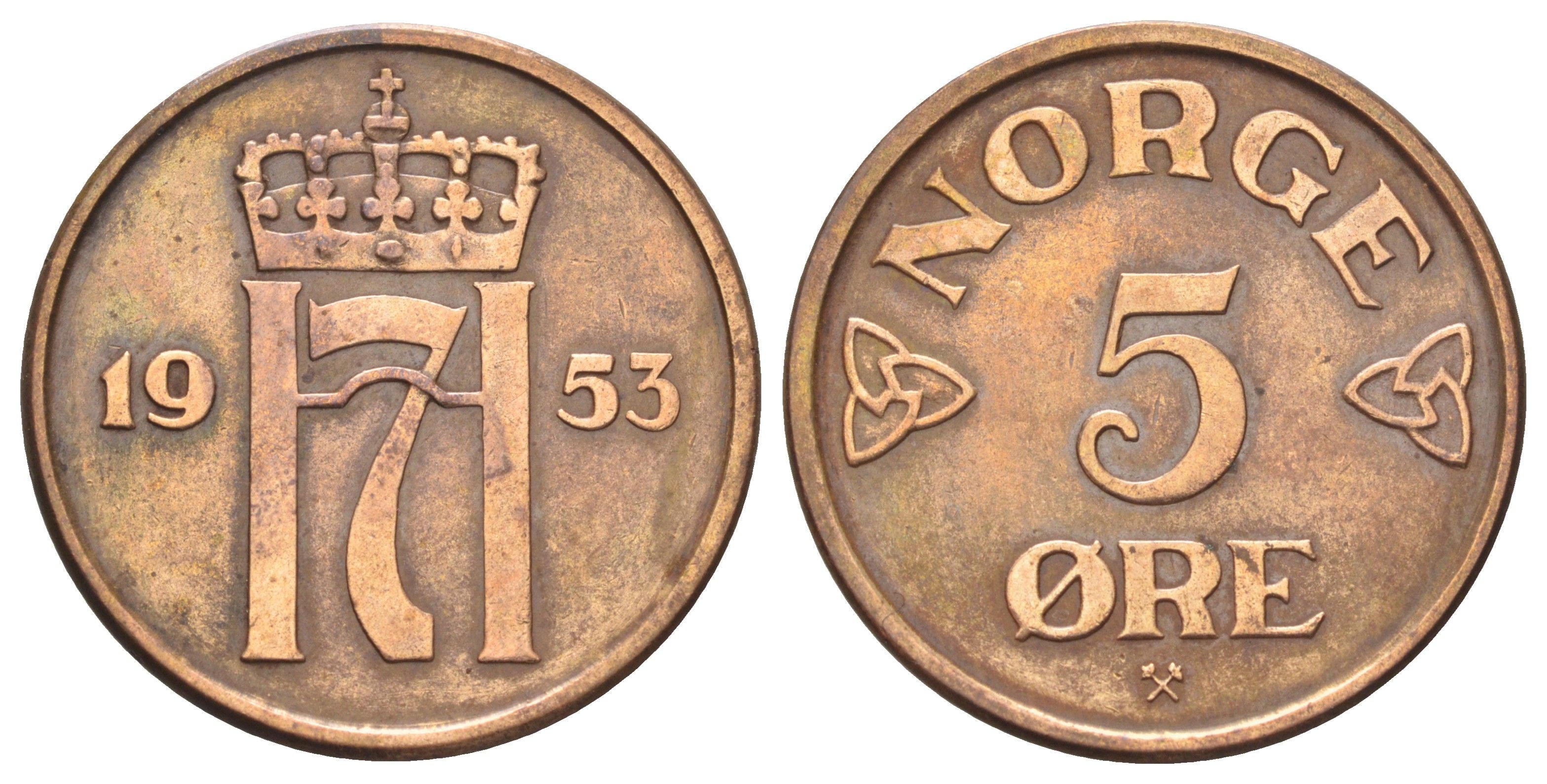 Норвегия 5 эре 1953 Хокон VII (1905-1957) KM 400 бронза 4700-743