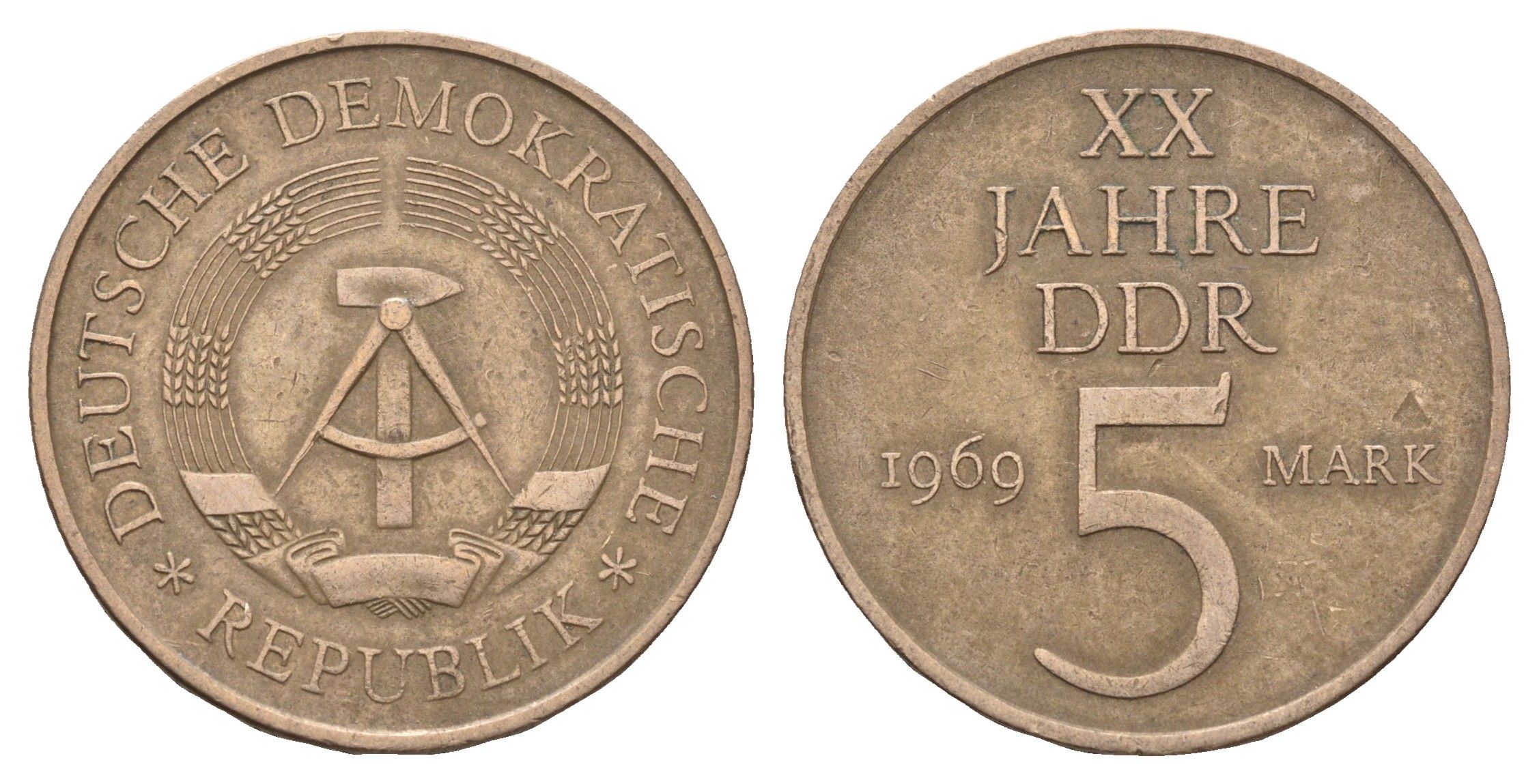 ГДР 5 марок 1969 A, 20 лет ГДР KM 22.1, J. 1524 никель бронза 4389-1213