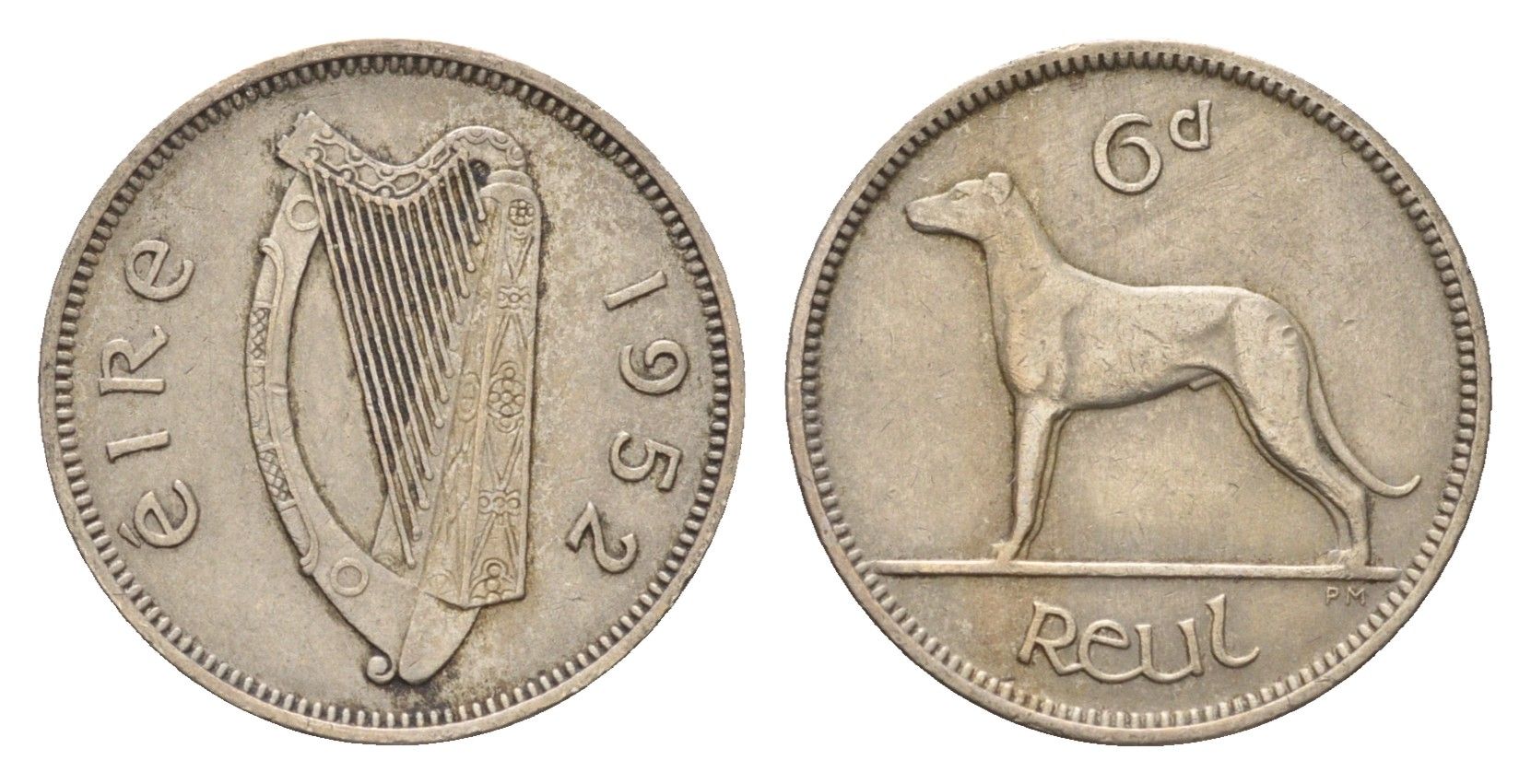 Ирландия 6 пенсов 1952 собака, ирландский волкодав KM 13a медно-никель 4690-332