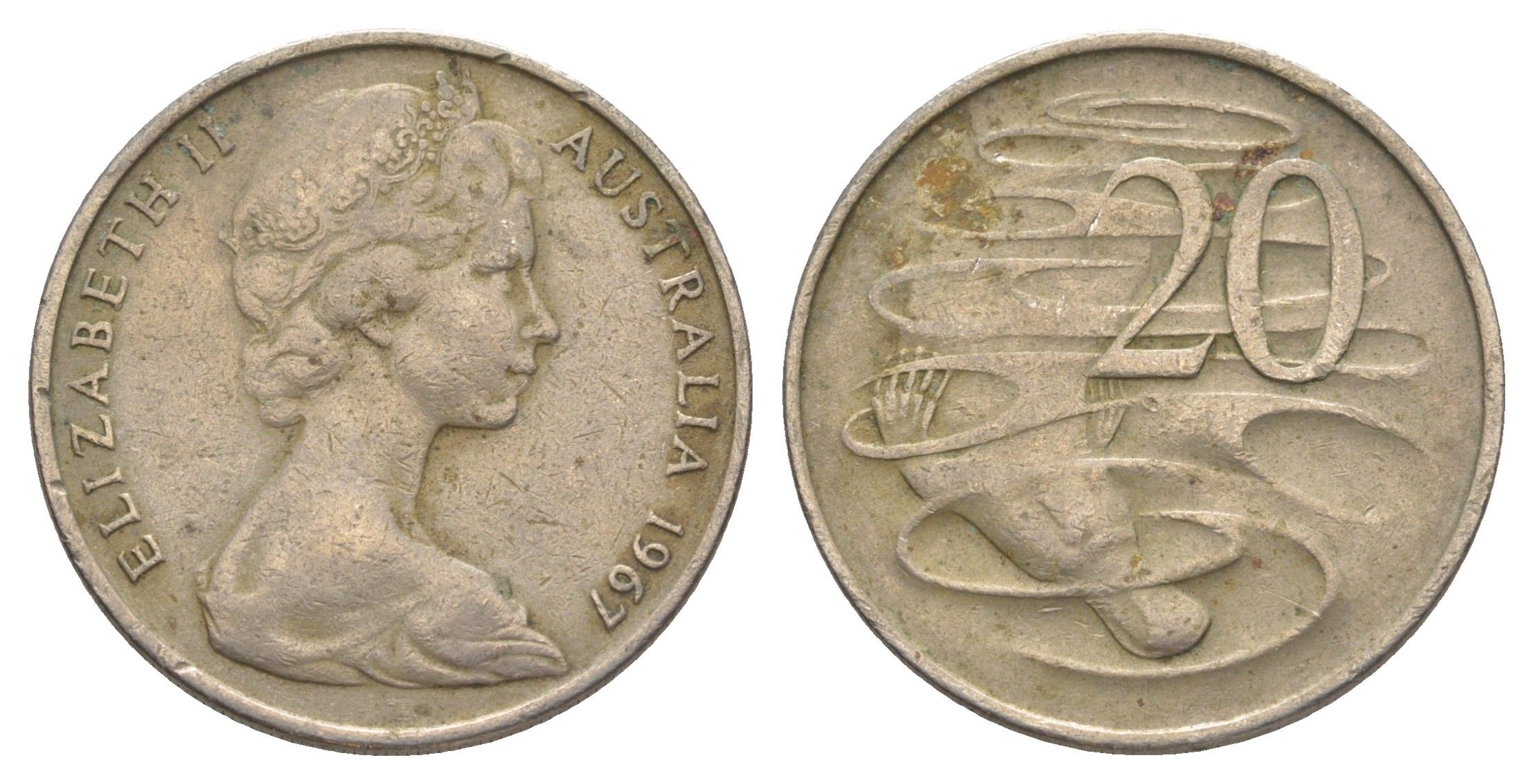 Австралия 20 центов 1967 Елизавета II (1952-2022), утконос KM 66 медно-никель 4384-721