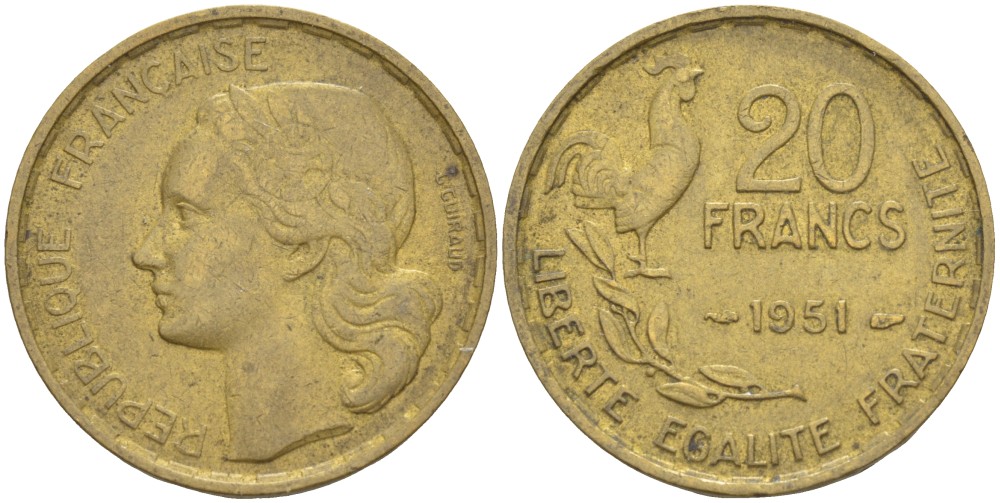 ФРАНЦИЯ 20 ФРАНКОВ 1951 ПЕТУХ, 4 ПЕРА KM 917.2, LE FRANC 402.8 алюминиевая бронза 4525-1022