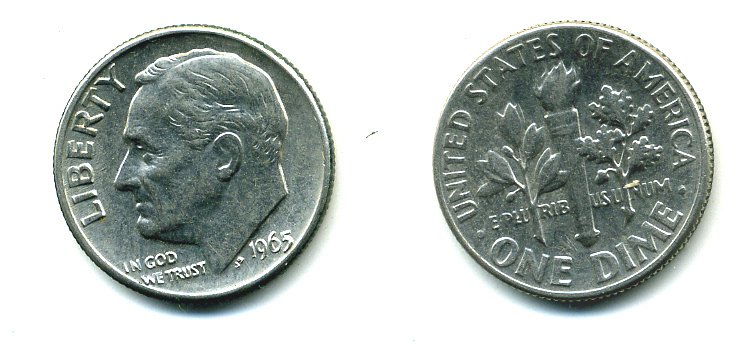 США 10 ЦЕНТОВ = 1 ДАЙМ 1965 РУЗВЕЛЬТ KM 195a медь плакированная медно-никелем 76-237