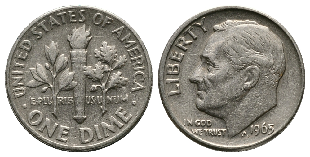 США 10 ЦЕНТОВ = 1 ДАЙМ 1965 РУЗВЕЛЬТ KM 195а медь плакированная медно-никелем 89-633