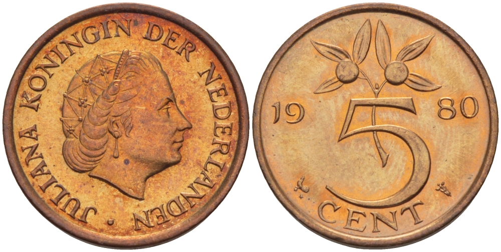 Нидерланды 5 центов 1980 Юлиана (1948-1980) KM 181 бронза aUNC 31-942