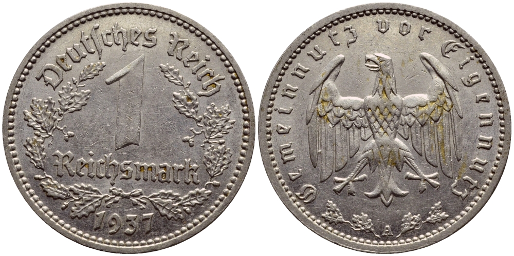ГЕРМАНИЯ 1 РЕЙХСМАРКА 1937 A КМ 78 J.354 никель 56-1032