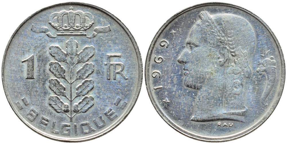 БЕЛЬГИЯ 1 ФРАНК 1969 BELGIQUE KM 142.1 медно-никель 4385-422